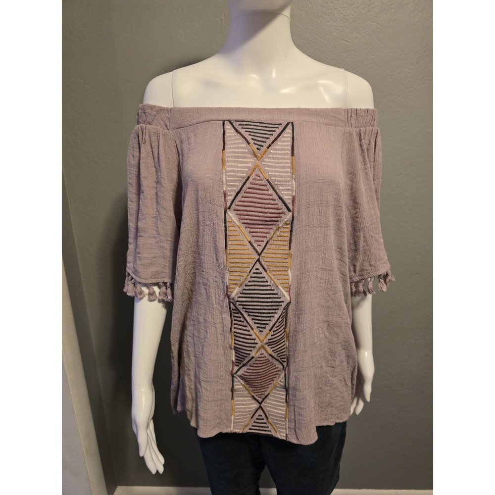 Knox Rose Purple Geometric Embroidered Tasseled Top Boho Chic Hippie Womens Sz L